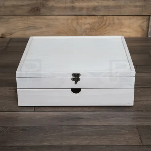 cajas de madera para álbum 30x30 y libro de firmas de 2 pisos blanca