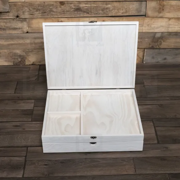 Caja madera para álbum luxe blanca, con 2 pisos y varios departamentos