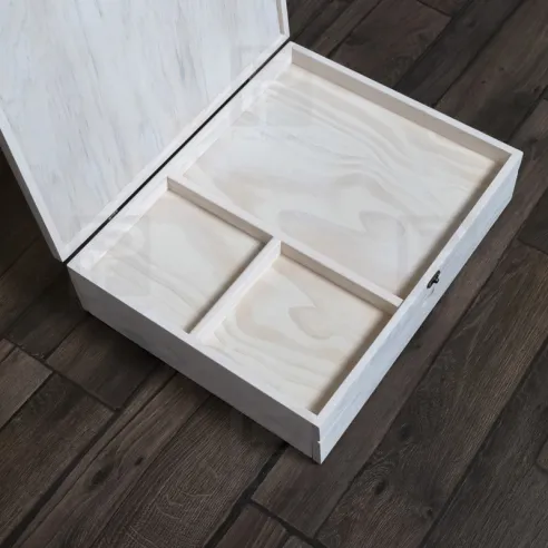 Caja madera para álbum luxe blanca, con 2 pisos y varios departamentos