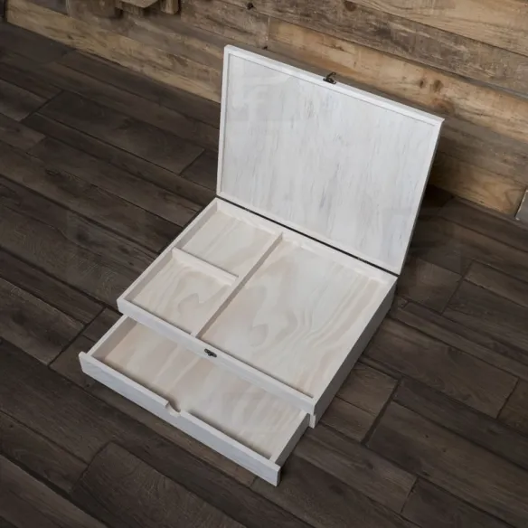 Caja madera para álbum luxe blanca, con 2 pisos y varios departamentos