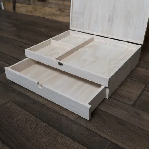 Caja madera para álbum luxe blanca, con 2 pisos y varios departamentos