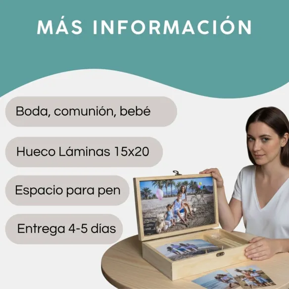Cajas de madera para fotos, láminas comunión, bodas, newborn, bautizos