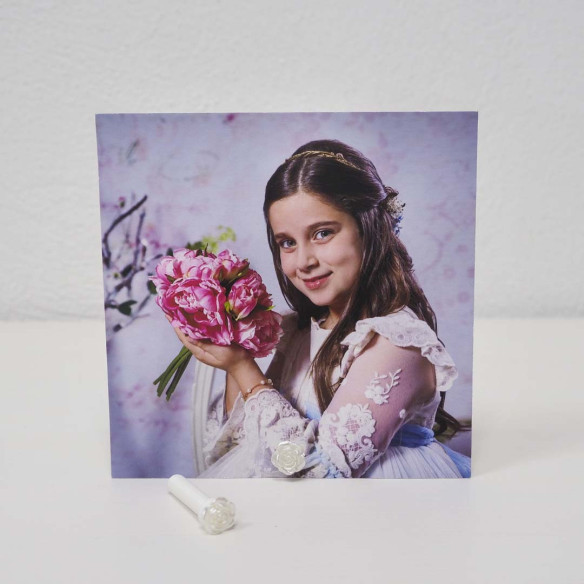 Recordatorios comunión 13x13 a dos caras con portaláminas para fotos